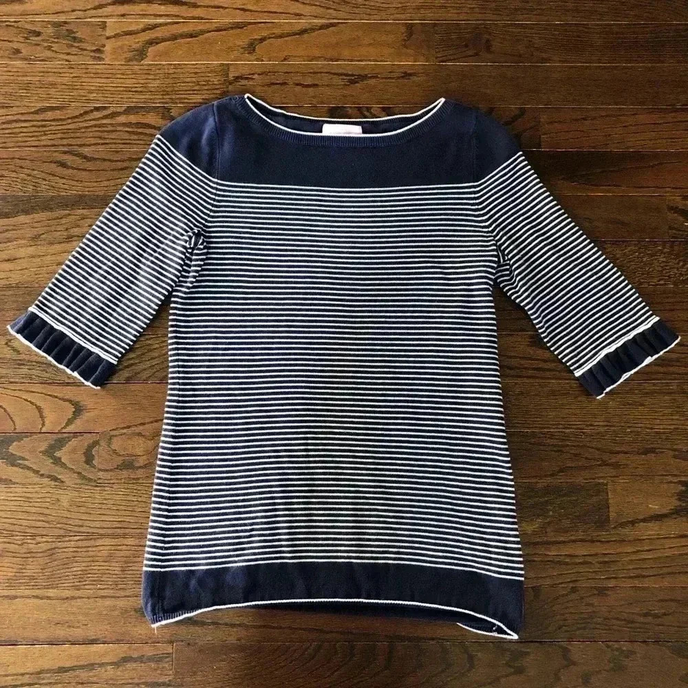 Lilly Pulitzer Women’s S Navy Blue/White Striped 3/4 Sleeves Knit Sweater Blouse